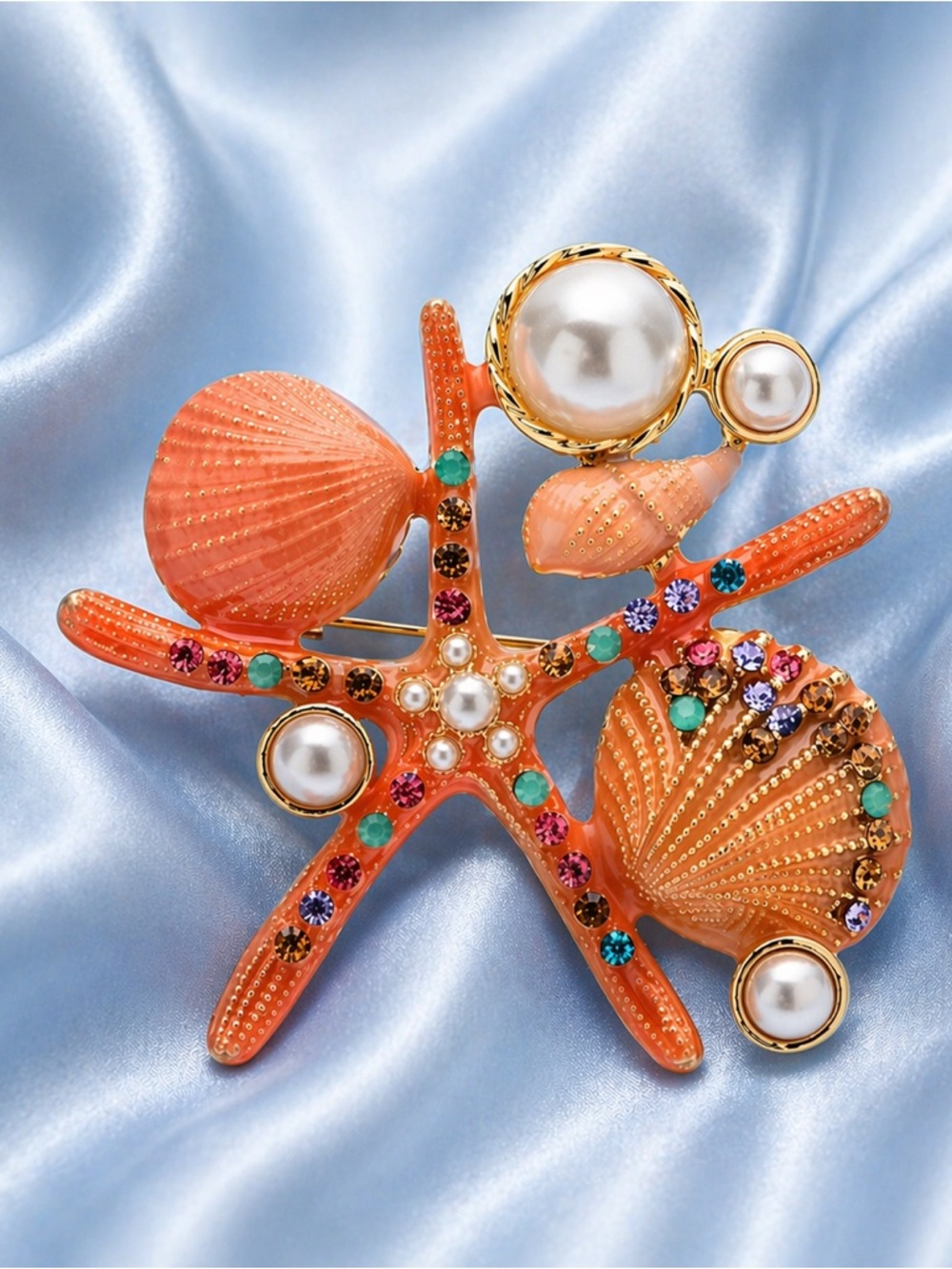 Coral Starfish Pearl Crystal Ocean Brooch